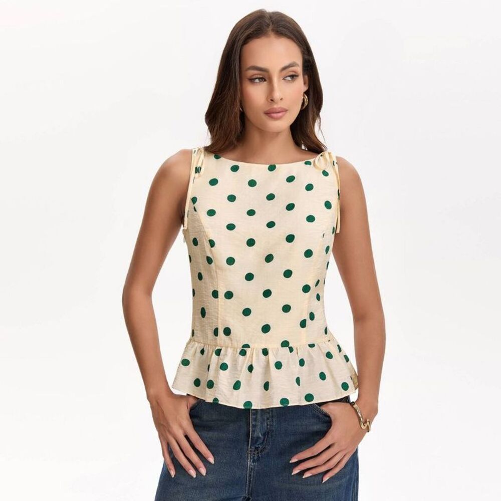 Women's Ruffle Hem Boat Neck Top - A New Day Light Beige Polka Dots S